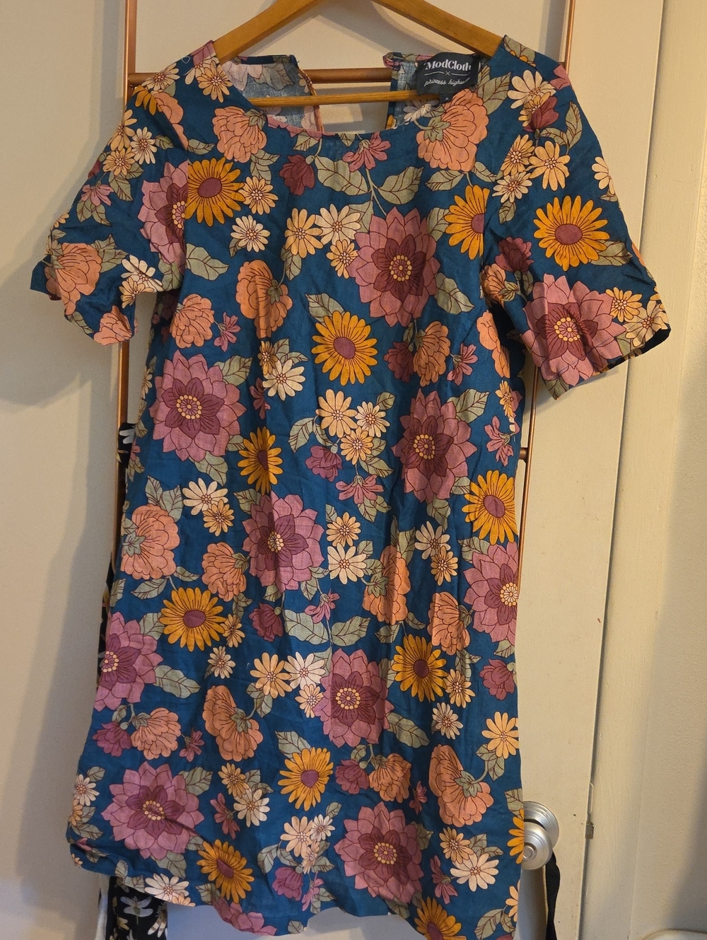 Modcloth X Princess Highway Teal Floral Short-Sleeve Retro Shift Dress